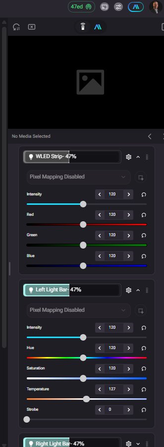 Lighting tab expanded view showing multiple fixtures — WLED Strip, Left Light Bar, and Right Light Bar — each with their own control sliders
