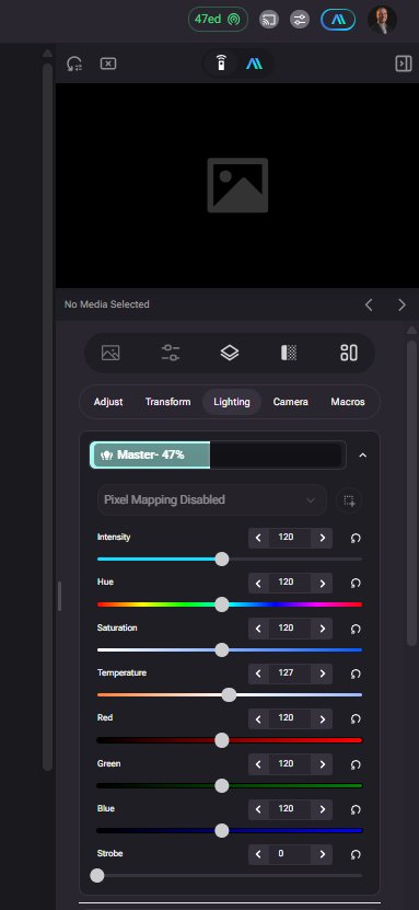Lighting tab in the right-side remote showing Master control and individual fixture sliders